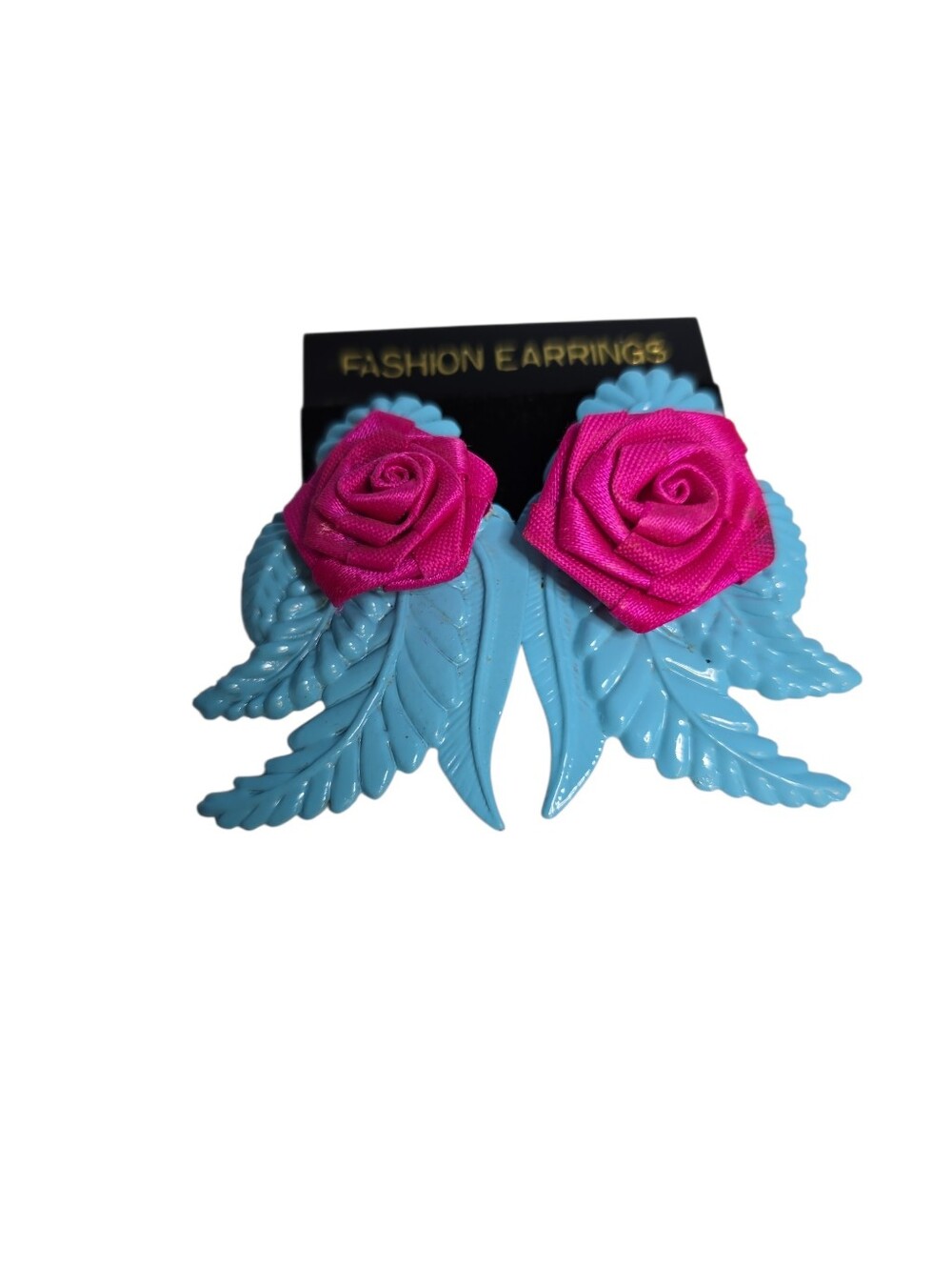 Vintage Big 80's Style Blue Metal Earrings with Pink Fabric Roses READ